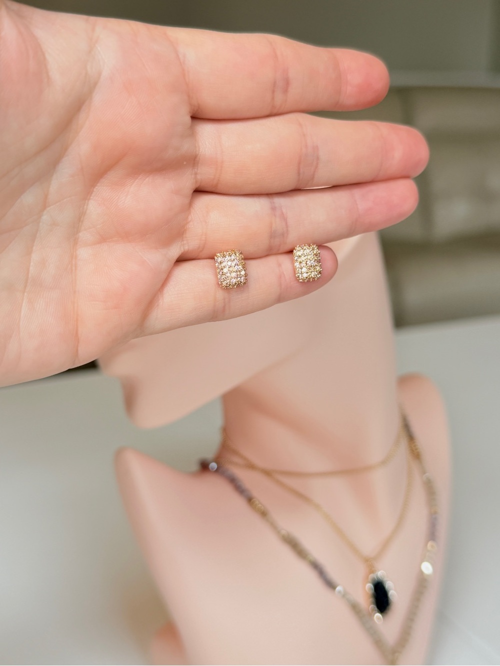 Gold Pave Square Stud Earrings - Picture 11 of 11